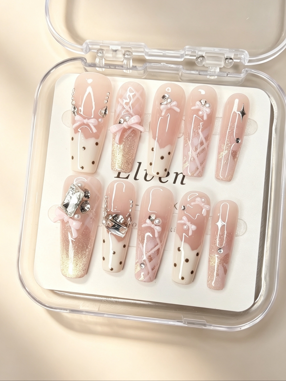 Cute Pink and White Handmade Press On Nails Set Long Coffin